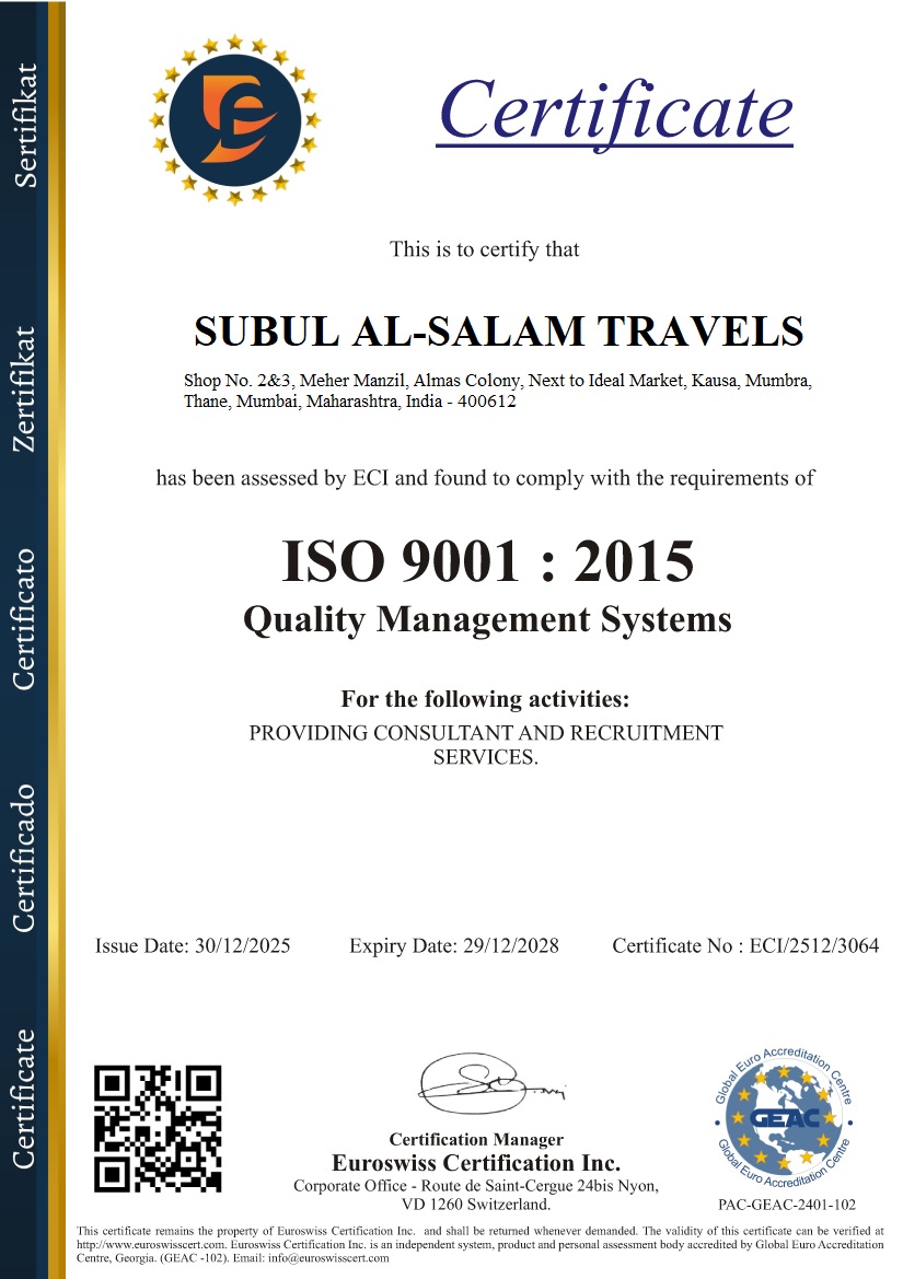 ISO 9001:2015 Certificate Subul Al Salam Travels
